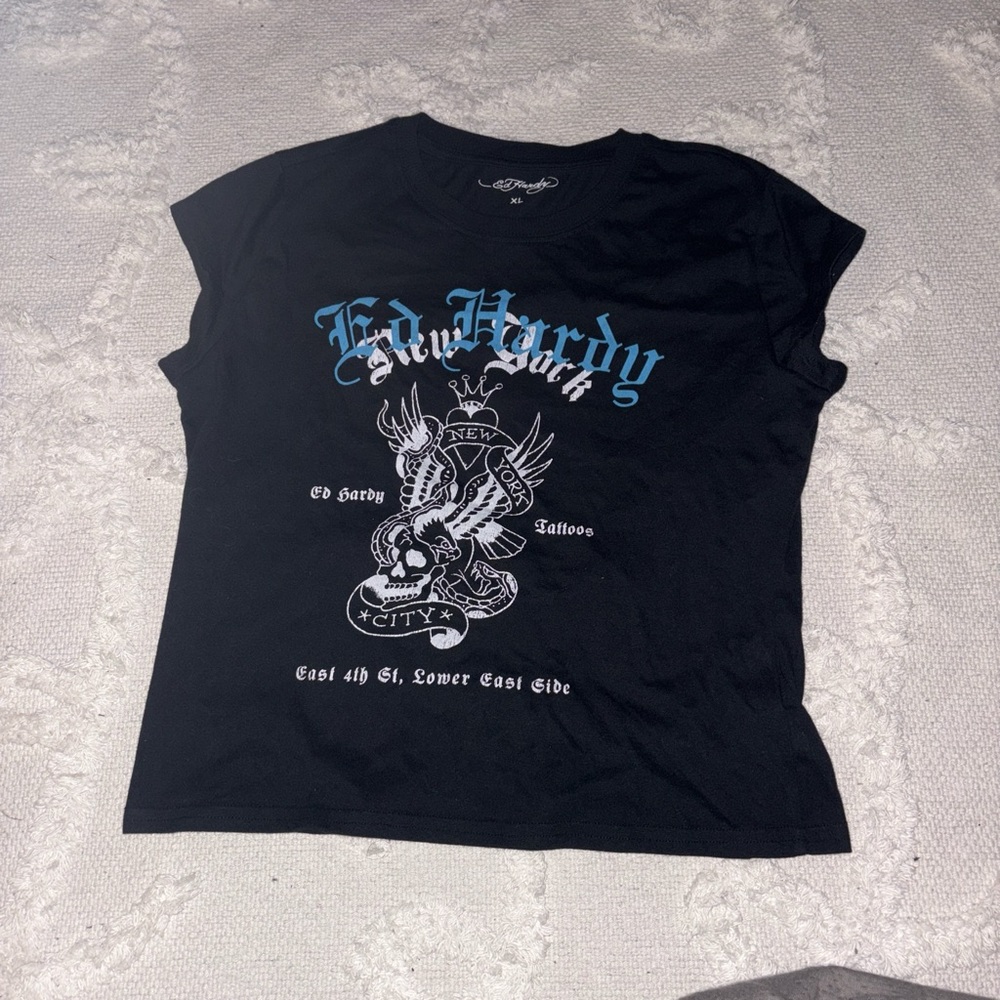 Ed Hardy Black Tee with Blue and White Design
